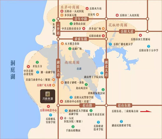 岳阳月映南湖位于湖滨大道与赶山路交汇处西北角（岳阳新广电中心旁），周边配套主要有：周边教育：湘一南湖学校，湖南师大附属南湖学校，雅礼中学三大名校环伺；周边景观：周边有龙山公园、麻布山森林公园及枫树山公园环伺；