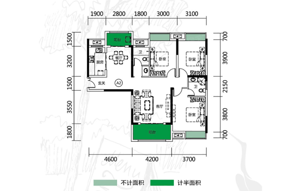 建面约124㎡户型